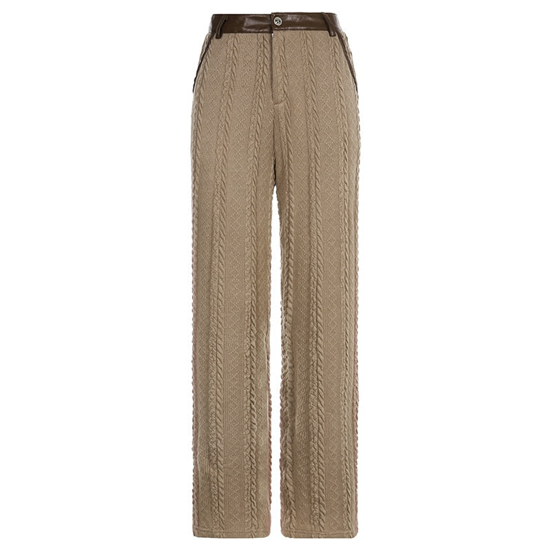 Fashion Cable Knit Pants Women High Waisted Khaki Straight Leg Trousers Streetwear Bottoms