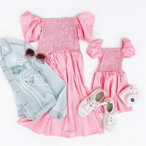 Mother and Daughter Dress Bubble Short Sleeve Pink Party Dress Mommy and Me Clothes Family Matching Outfits Girls Dress