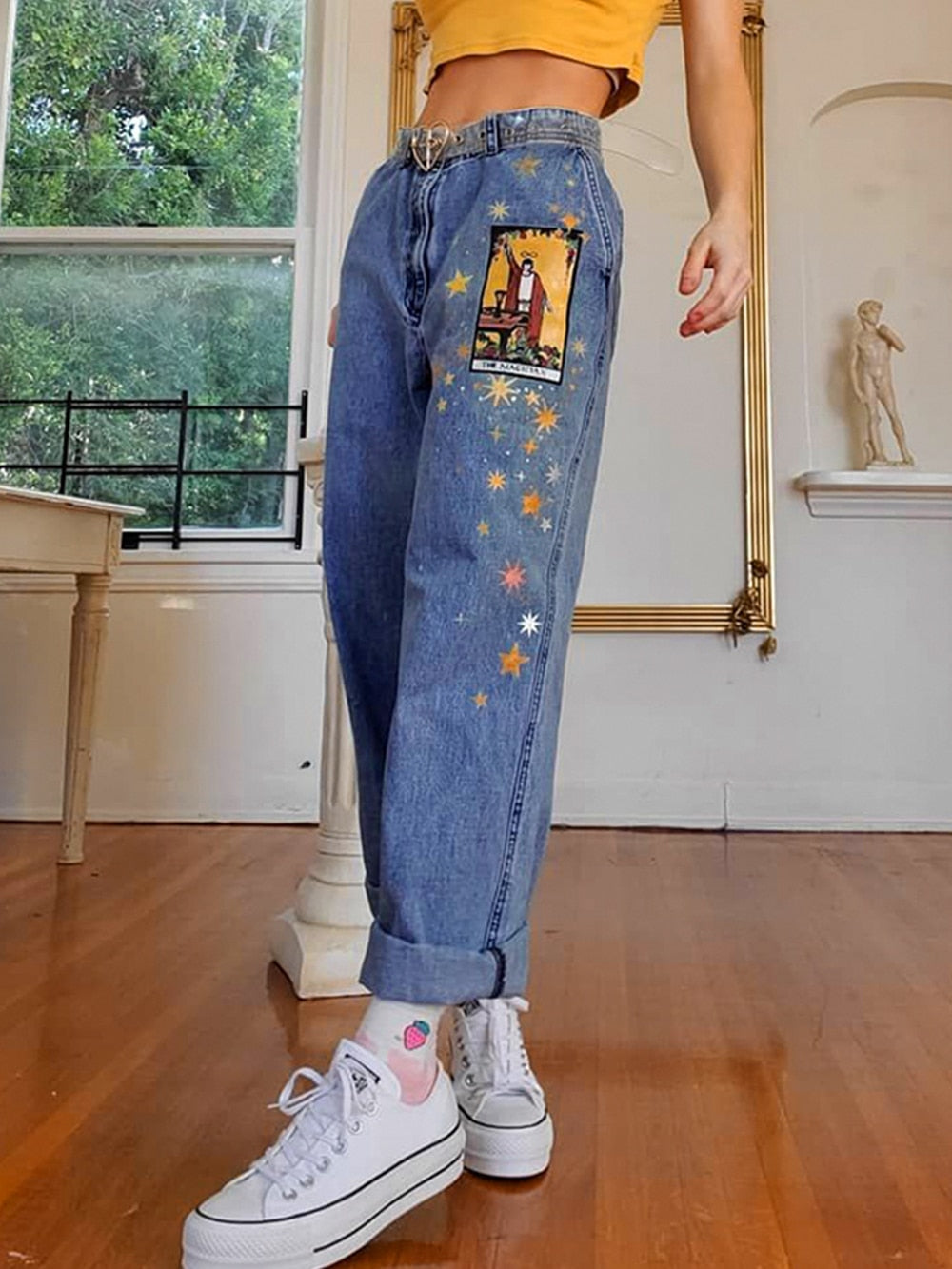 Womens Jeans Star Cartoons Pattern Printed Denim Trousers fit Young Girl Vintage Cute female Jeans Pant Blue