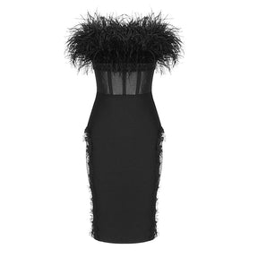 VC Sexy Off Shoulder Feather Bodycon Lace Black Elegant Celebrity Evening Party Midi Bandage Dress Vestidos