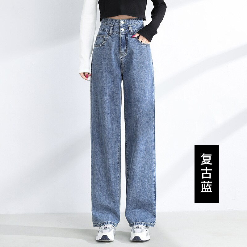 Fashion High Waist Jeans Women Loose Denim Casual Pants Street Lady Straight Trousers Wide Leg Jeans