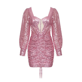 Pink Mini Dress Women Long Sleeve Sequins Design Luxury Evening Short Dress High Quality