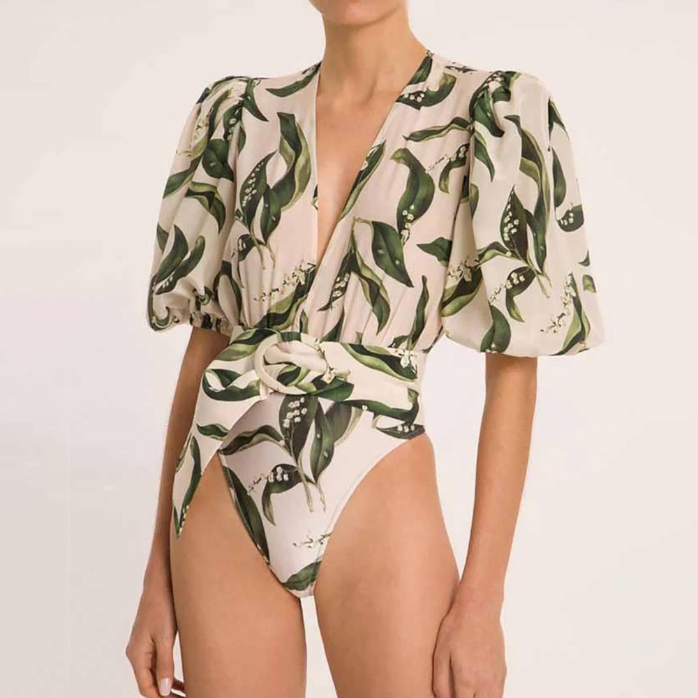 Printed V-Neck Puff Sleeves Tie Bikini High Waist Slim One Piece Swimsuit Elegant Seamless Patchwork Beachwear Push Ups 2022
