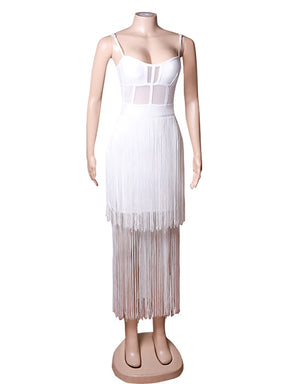 Sexy V Neck Mesh paghetti Straps Tassel Design Midi Bandage Dress Elegant White Sleeveless Fringe Bodycon Party Dress