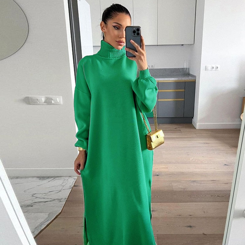 Turtleneck Dress Elegant Green Knitted Long Sleeve Sweater Dress Lady Casual Loose Christmas Clothes