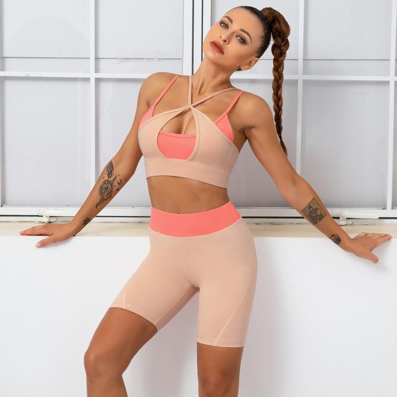 Fashion Sexy Yoga Suit Two Piece Set Women Gather Shockproof Sports Bra Set Running Fitness Ride Shorts Gym Sets Womens Outfits