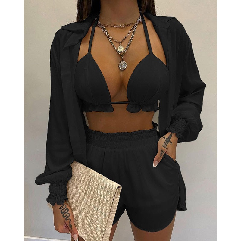 High Waist Bikini Swimsuit Three Pieces Swimwear Sexy Beachwear 2023 New Bathing Suit Shorts Cover Up Summer