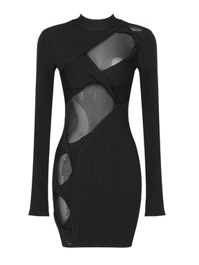 Sexy Long Sleeve Mesh Patchwork Bodycon Bandage Mini Dress Women Black Hollow Party Mini Dress Evening Birthday Club Dress 2022