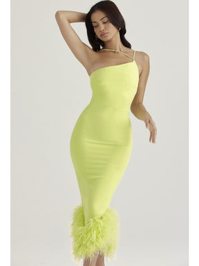 Sexy Spaghetti Strap Feathers Square Collar Bodycon Dress Summer Sleeveless Feathers Violet Green Midi Dress Party Club