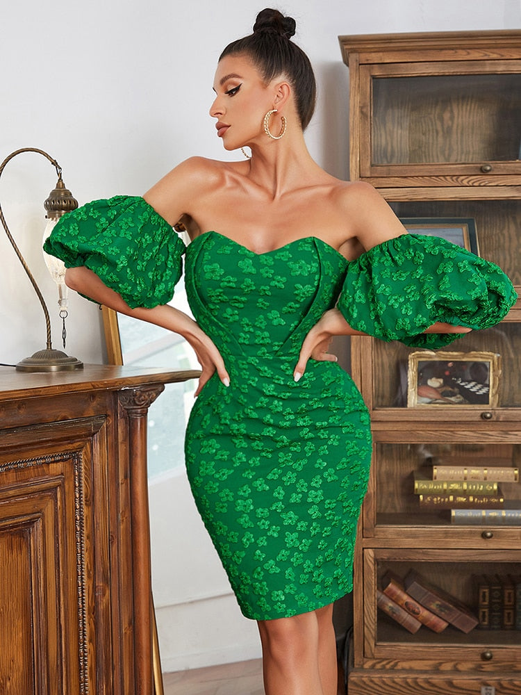 Sexy Off Shoulder Floral Puff Sleeve Bodycon Mini Dress Elegant Green Embroidered Flowers Slim Dress Club Celebrity Party Dress