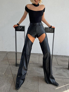 Leather High Rise Pants for Women Bottom Club Party Gothic Sexy Cut Out Pant Trousers Streetwear