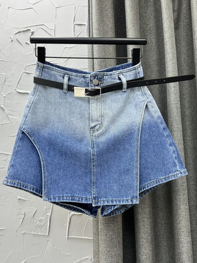 Fashion Women Shorts Fake 2 Pcs Zipper Belt High Waist Pockets Patchwork Gradient Blue Denim Shorts Spring 2023