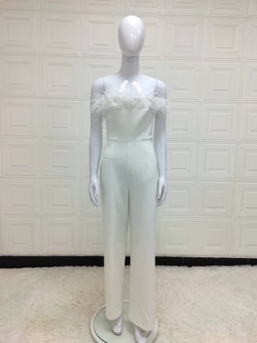 Sexy Off Shoulder Feather Slim Design Jumpsuit Fall Elegant White Tube Top White Feather Decoration Sleeveless Straight Trousers