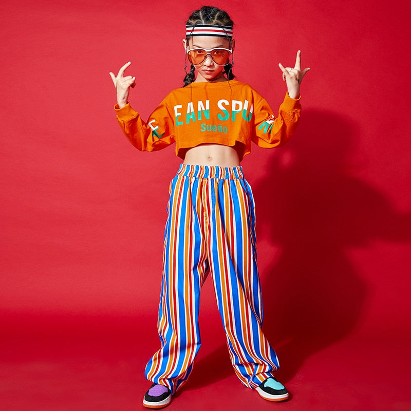 2 Pcs Set Girls Hip Hop Sweatshirt Kids Striped Pants Crop Top Street Dance Personalized Child Outfits Teenage Costumes Clothes