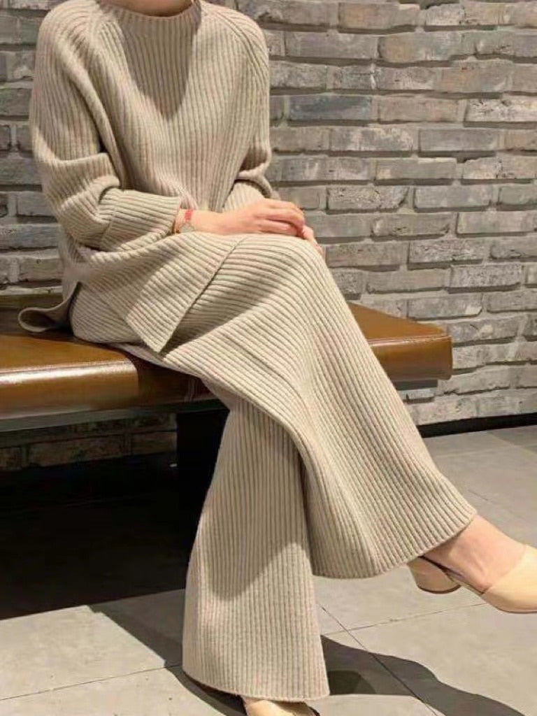 Winter Knitted Sweater Two-Piece Set Women Turtleneck Top Warm Thick Pants Suits Female Casual Pullover Tracksuits