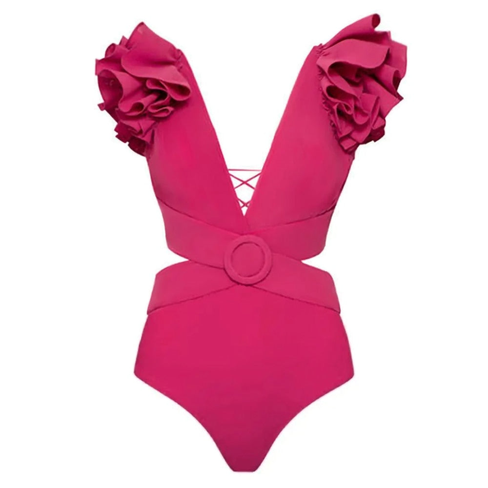 Fashion Solid Color V-neck Cross Tie Swimsuit Ruffled Backless One-piece Bikini Sexy Elastic Waist Beach