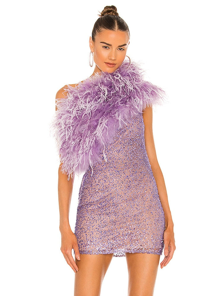 Women Summer Sexy One Shoulder Mesh Sequins Feather Purple Mini Bodycon Custume Dress Elegant Party Evening Wedding  Dress