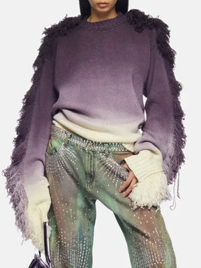 Designer Fashion Women Gradient Tassel Knitted Pullover Sweater