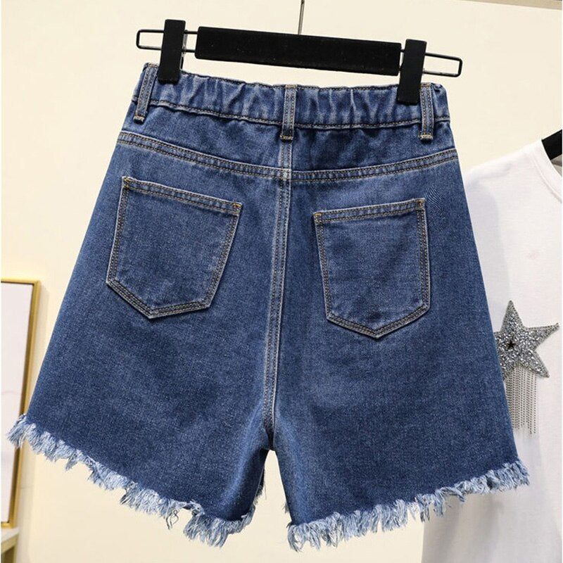 Fashion Women Denim Shorts Beaded Raw-Edge A-Line Wide-Leg