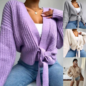 Casual Women Knit Sweater V-neck Long Sleeve Lace Cardigan Solid  Hollow Vintage Sweater Ladies Streetwear