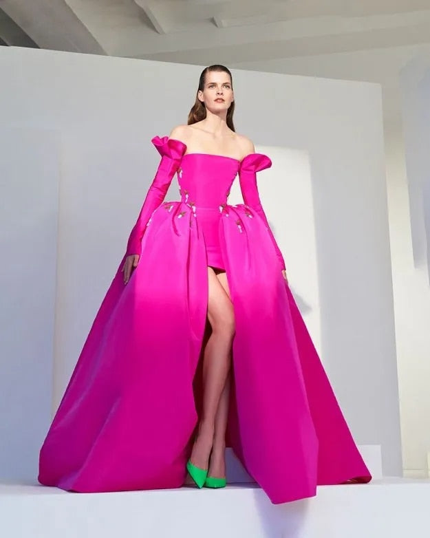 High End Modest Fuchsia Evening Dresses With Detachable Train Off The Shoulder Full Sleeves High Low Prom Gowns Formal Dress