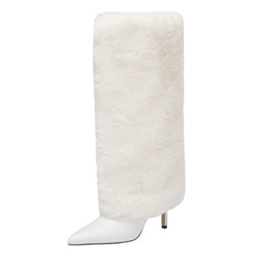 Design Shoes For Ladies Knee High Boots Natural Fur Winter Warm Pointed Toe Thin Heels