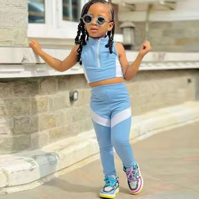 Young Children Girls Fashion Clothes 2pcs/sets Sleeveless Crop Tops+Patchwork Pants Kids Girl Casual Clothing Outfits
