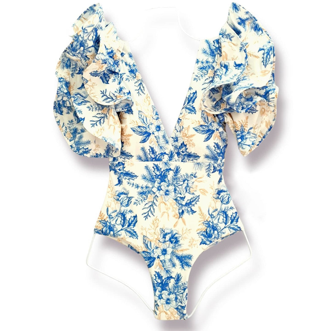 Floral Printed Deep V-neck Ruffle Swimsuit Push Up One Piece Swimsuit Beach Wear Backless Monokini Beach Wear Swim Suit