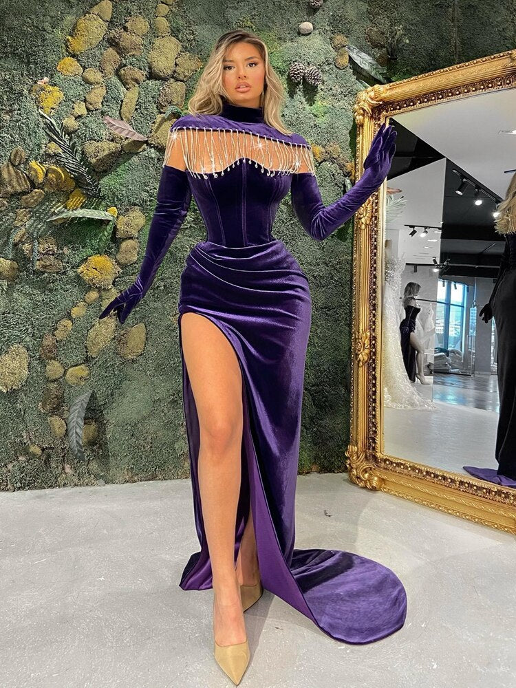 Purple Velvet Long Dress Women Sexy High Slit Beads Chain Design Luxury Evening Party Dress With Free Shipping