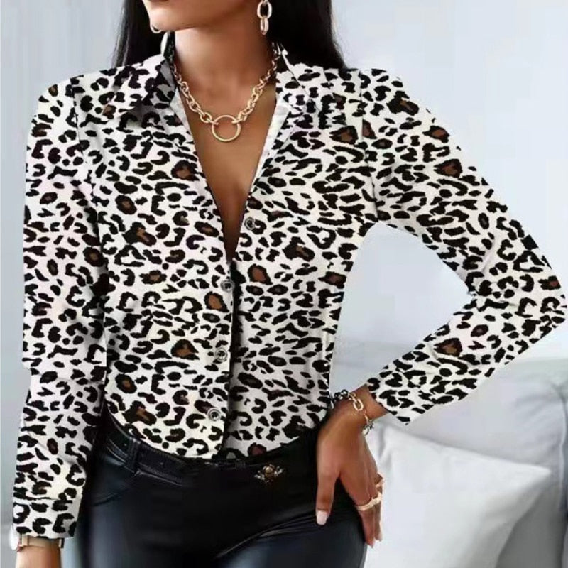 Vintage Print Blouses Striped Floral Leopard Shirts Office Lady Print Blouse Spring Fashion Button Long Sleeve Women Tops 18972