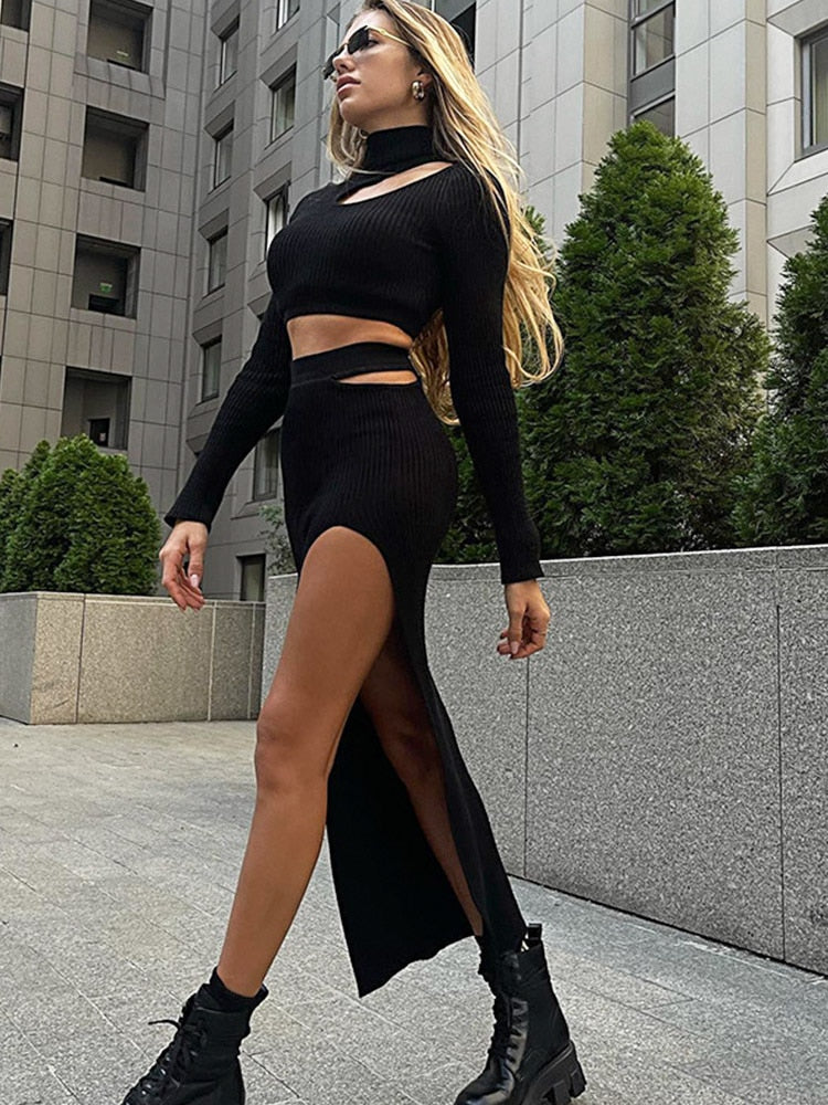Turtleneck Cut Out 2 Piece Skirts Sets Fashion Autumn Knitted Ribbed Going Out Home Suits Women Sexy Tracksuit Overalls