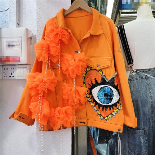 New Heavy Embroidery Sequins Cartoon Design Stitching Mesh Crop Coat Women Loose Casual Single-Breasted Denim Jacket