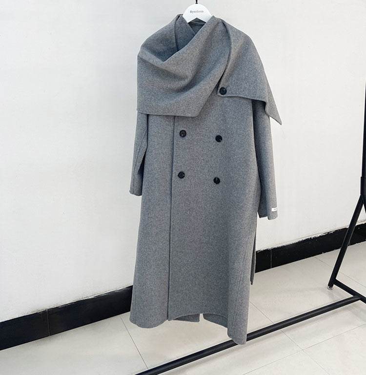 New Shawl Scarf Collar Double-breasted Solid Color Women Double-sided Woolen Belt Coats