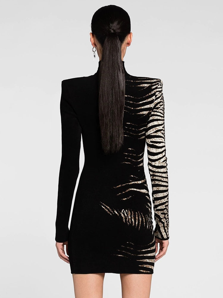 Winter Bandage Bodycon Dress Women Casual Fashion Zebra Pattern Design Jacquard Mini Dress