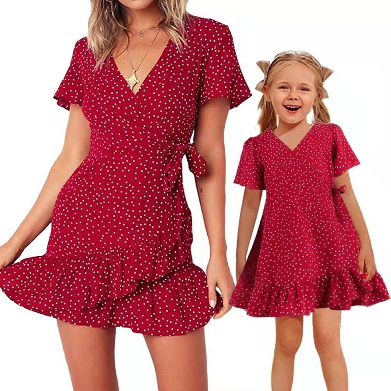 Polka Dot Mother Daughter Matching Dresses Family Set Ruffled Sleeve Mommy and Me Clothes Fashion Women Girls Mom Baby Dress
