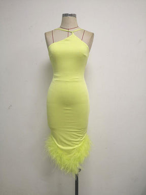 Sexy Spaghetti Strap Feathers Square Collar Bodycon Dress Summer Sleeveless Feathers Violet Green Midi Dress Party Club