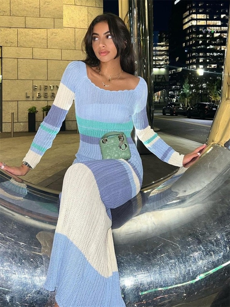 Women Sexy Beach Evening Party Knitted Off Shoulder Long Sleeve Bodycon Long Dresses Casualr Maxi Dress