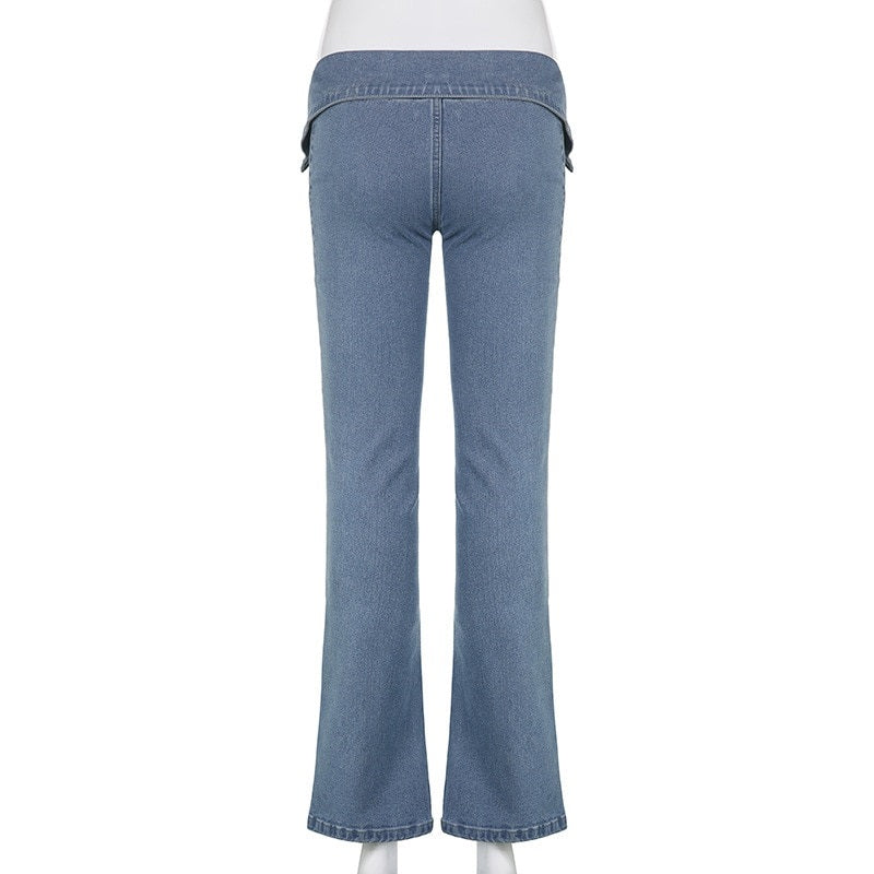 Zipper Low Rise Split Hem Jeans Womens Streetwear Vintage Grunge Flare Pants Black Denim Trousers