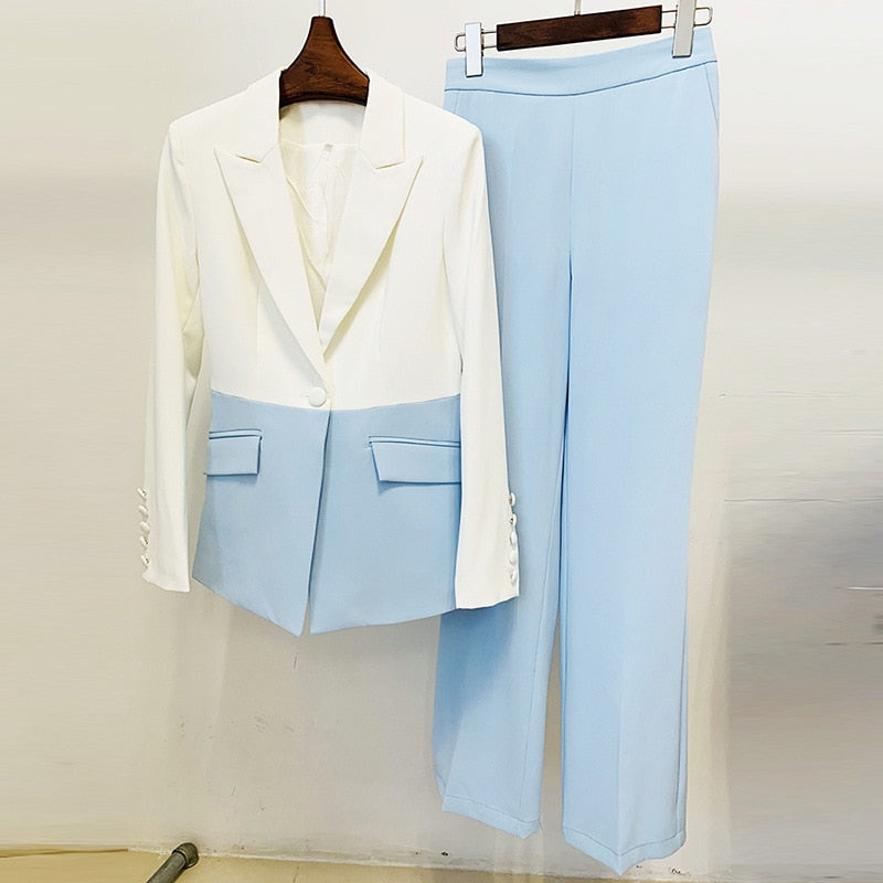 Blazer Pants Suit Two Piece Sets Women White Pink Sky Blue Splicing Color One Button Trousers Pants Set Formal Suits 2022 New