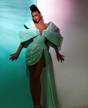 Charming Mint Green Leather Asymmetrical Prom Dresses Sexy 3D Cap Sleeves Women Maxi Dress Fashion