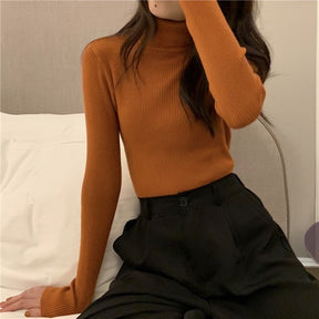 Solid Color Knitted Sweater Women Autumn Turtleneck Long Sleeve Top Pullover Ribbed Knitted Casual Soft Warm Ribbed Pull Femme