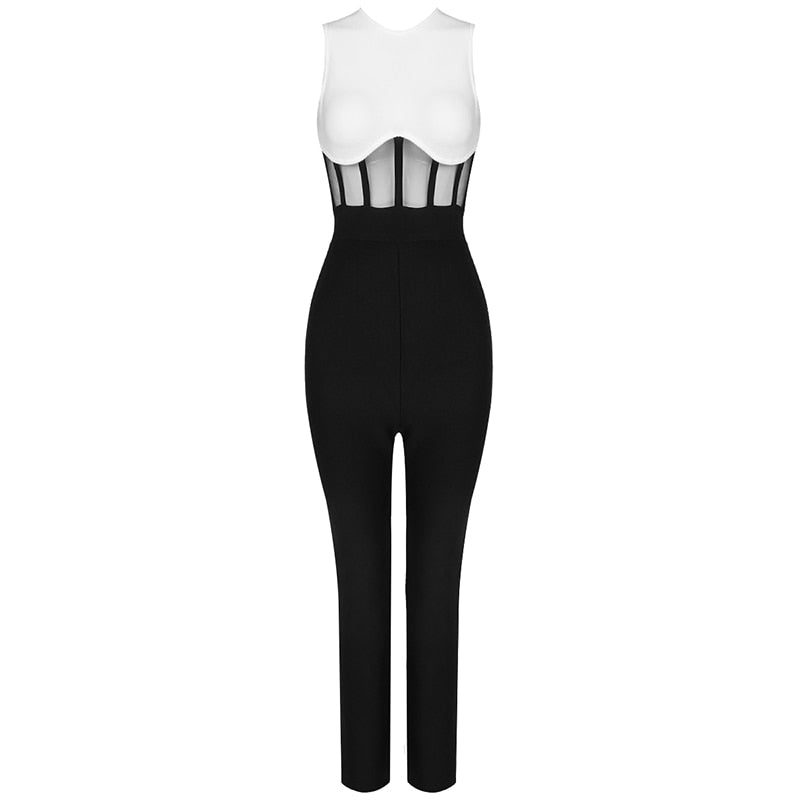 New Trendy Striped Voile Splicing Design Color Block Sexy Sleeveless Celebrity Party Bandage Jumpsuit