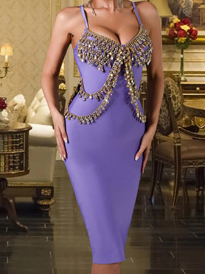 Sexy Spaghetti Strap Luxury Crystal Diamond Bodycon Bandage Dress Summer Purple Khaki Beaded Dress Celebrity Party Club Dress