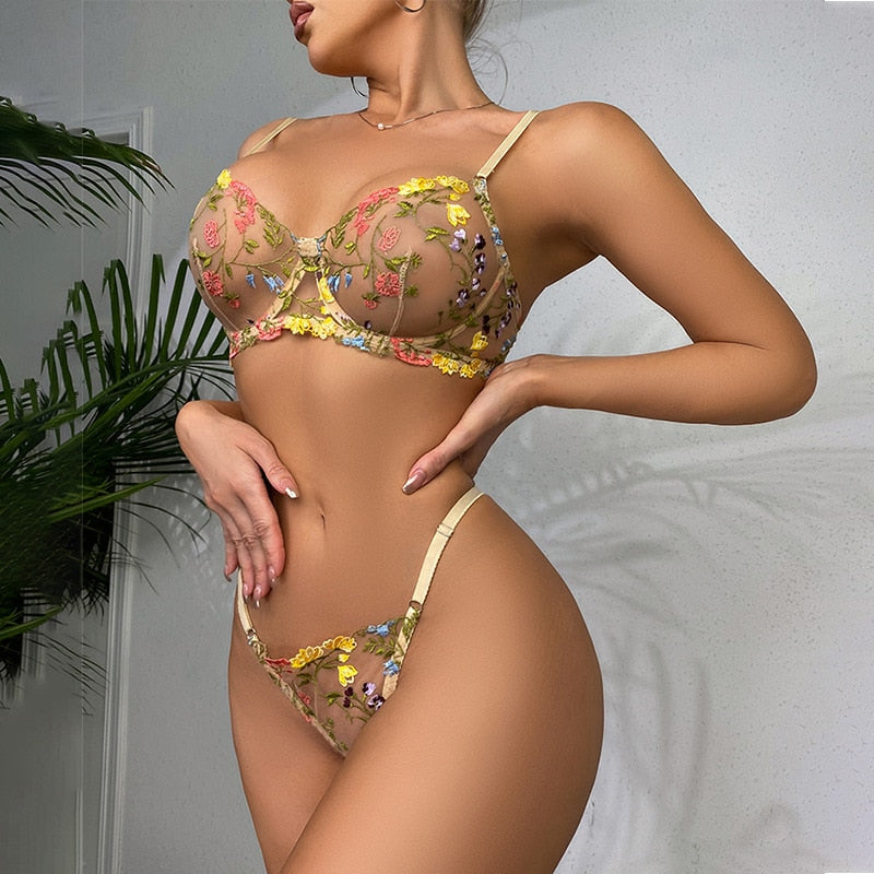 Lingerie Fairly Lace Transparent Underwear Set Girl Floral Embroidery Sexy Fancy Clear Bra Set Women 2 Piece