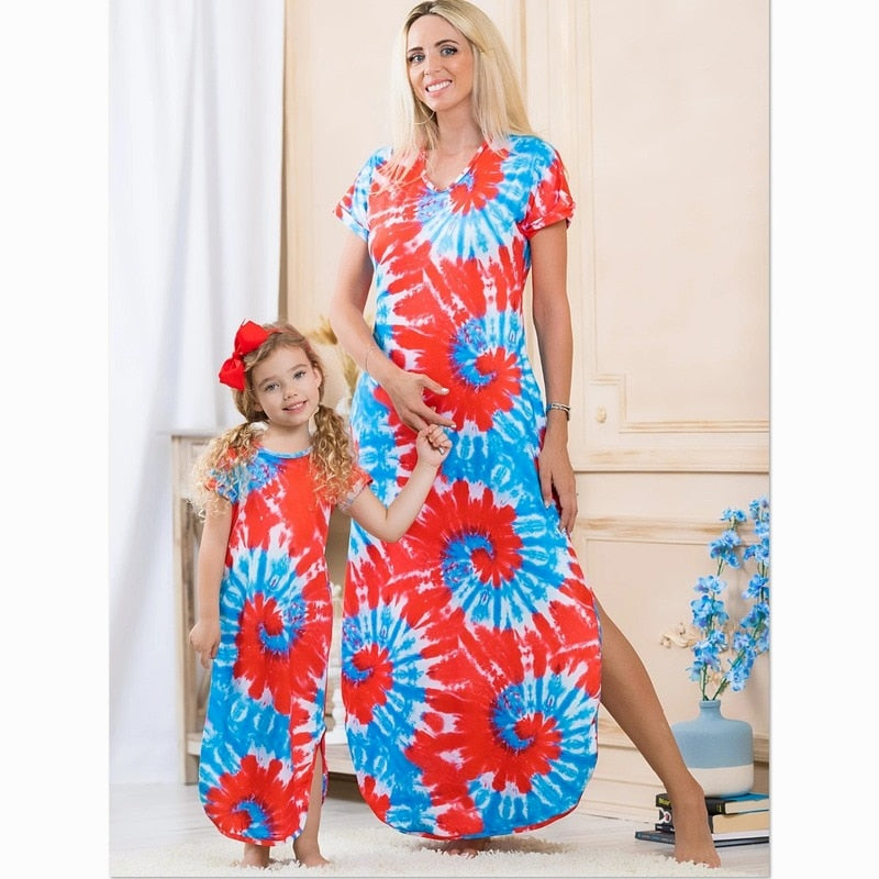 Matching Family Outfits Floral Print Mother and Daughter Bohimian Long Dress Short Sleeve Mommy and Me Clothes Women Girl