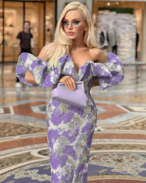 New Fashion Wome Sexy V-Neck Off Shoulder  Backless Midi Split Jacquard Dress Elegant Party Club
