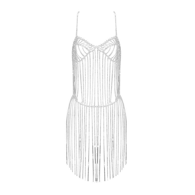 New year  Crystal Chain Design Cutout Sleeveless Sexy Backless Mini Dress