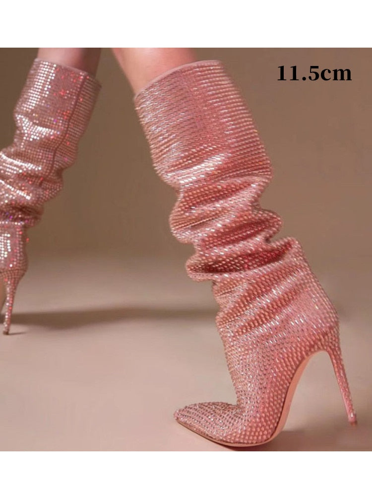 Starry Sky High-heeled Rhinestone Pointed  Boots