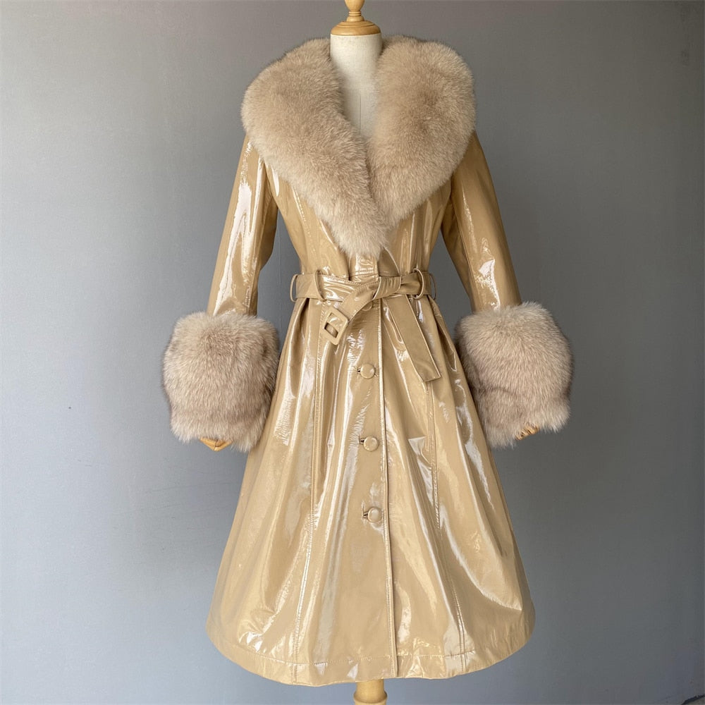 Genuine Leather Long Trench Coat Ladies Autumn Winter Plus Size Sheepskin With Real Fox Fur Collar Outwear