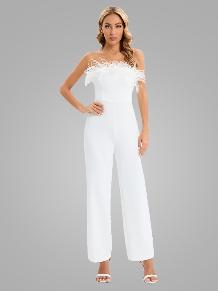 Sexy Off Shoulder Feather Slim Design Jumpsuit Fall Elegant White Tube Top White Feather Decoration Sleeveless Straight Trousers